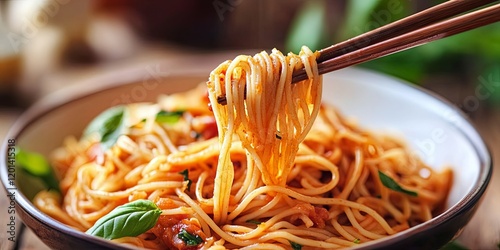 Close Up of Spaghetti with Tomato Sauce and Basil photo