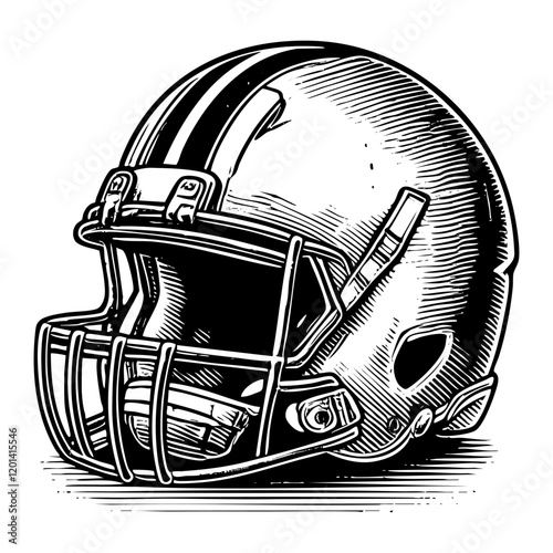 American football helmet sketch engraving black and white outline. Scratch board imitation.
