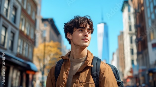 A young man stands confidently against a vibrant cityscape, showcasing a blend of urban life and self-assuredness, embodying the spirit of modern youth in a bustling environment.