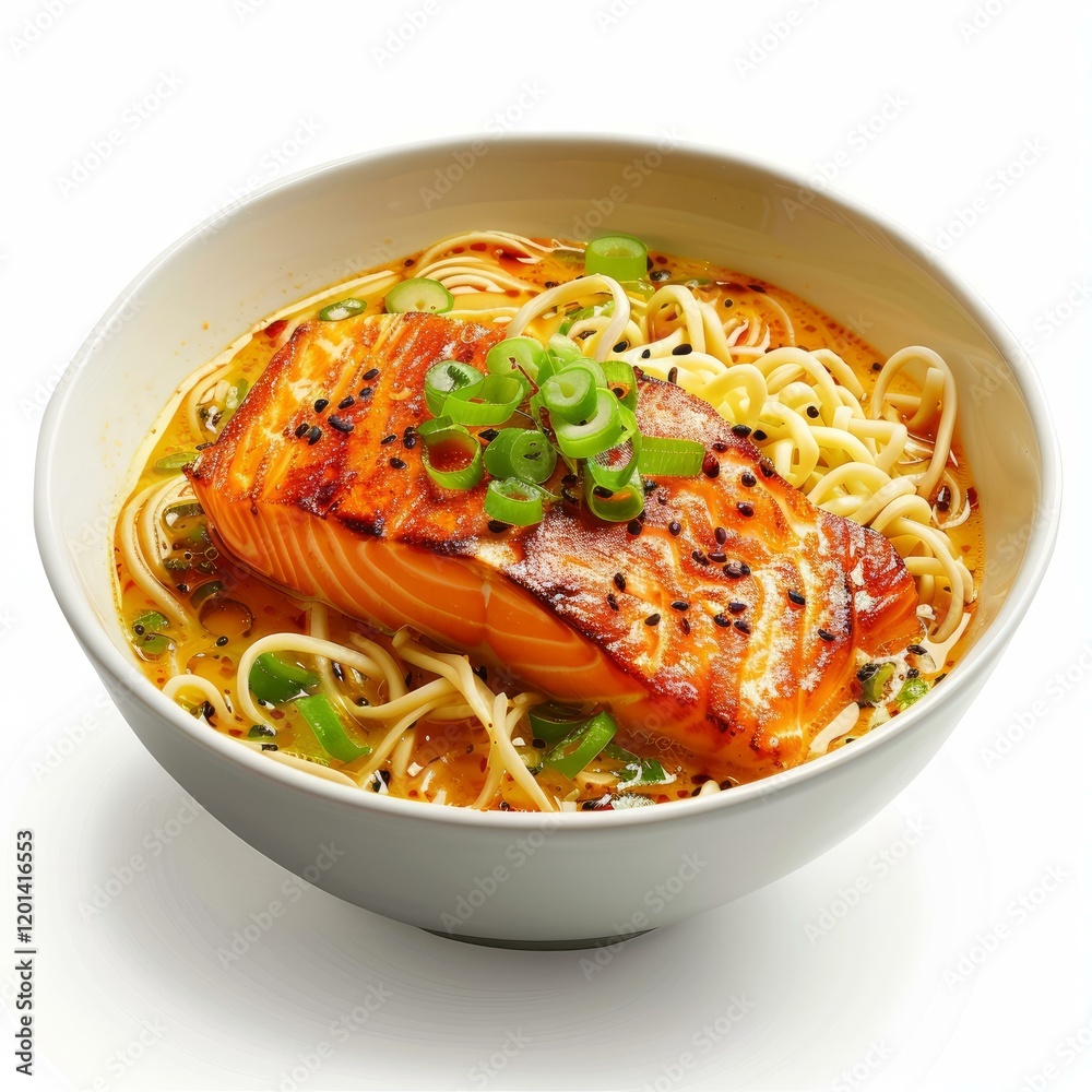 Steaming bowl of ramen noodle soup featuring a grilled salmon fillet, sesame seeds, and chopped green onions Steaming bowl of ramen noodle soup featuring a grilled salmon fillet, sesame seeds, and chopped green onions