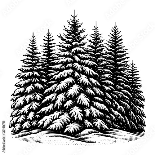 Spruce tree in the snow engraving black and white outline. Scratch board imitation.  illustrated in vintage line art style on a white background.

