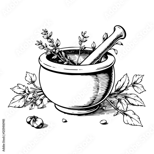 Herb mortar pestle engraving black and white outline. Scratch board imitation. illustrated in vintage line art style on a white background.