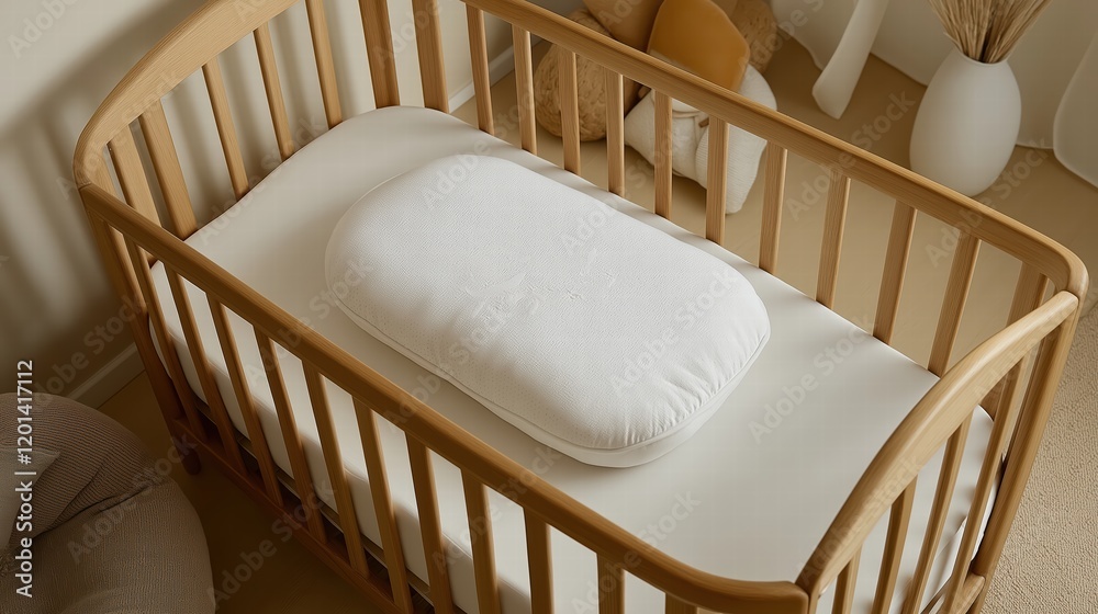 A Wooden baby crib with a white cotton embroidered mattress, a small pattern on the front of the mattress. The cot is surrounded by a ring of enclosure strips. A Wooden baby crib with a white cotton embroidered mattress, a small pattern on the front of the mattress. The cot is surrounded by a ring of enclosure strips.
