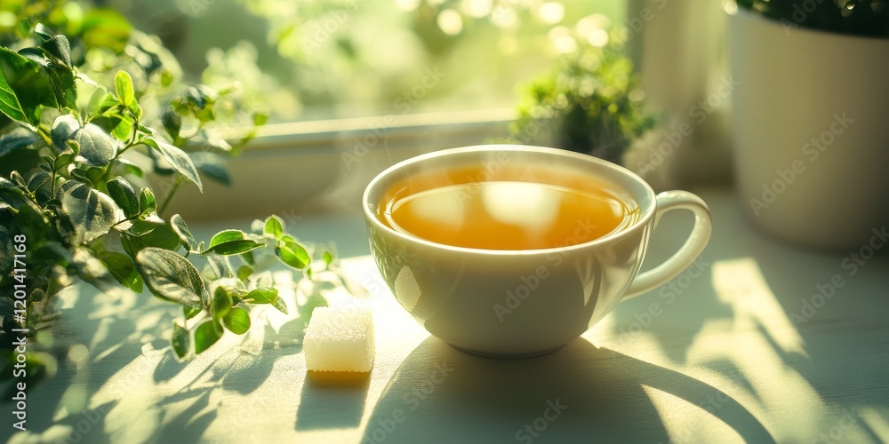 Refreshing cup of healthy green tea accompanied by a sugar cube, highlighting the soothing nature of healthy green tea. Enjoy the benefits of healthy green tea in every sip.