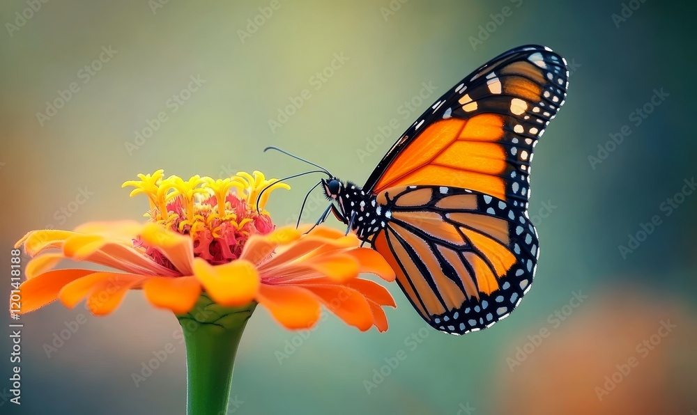 Fototapeta premium A monarch butterfly resting on an orange zinnia its wings slightly open, bloom, pollinator, flower