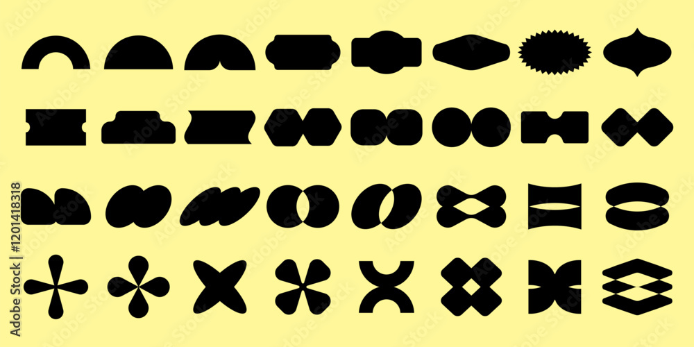 Fototapeta premium Collection of abstract black shapes on a yellow background. Various abstract forms and shapes, creatively arranged. Bold shapes, unique abstract designs. Black shapes, vector element set.