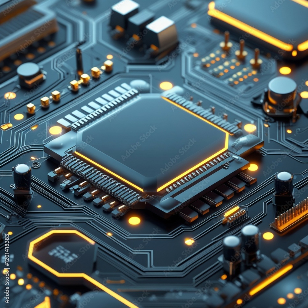 Close-up macro shot of a blue circuit board with a central processor chip, a key component in modern computer hardware Close-up macro shot of a blue circuit board with a central processor chip, a key component in modern computer hardware