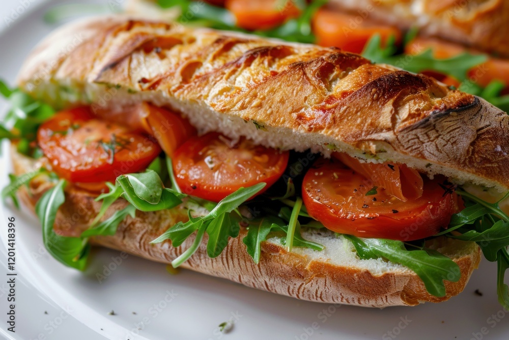 Freshly made baguette sandwich filled with smoked salmon, sliced tomatoes, arugula and creamy sauce, served on a white plate Freshly made baguette sandwich filled with smoked salmon, sliced tomatoes, arugula and creamy sauce, served on a white plate