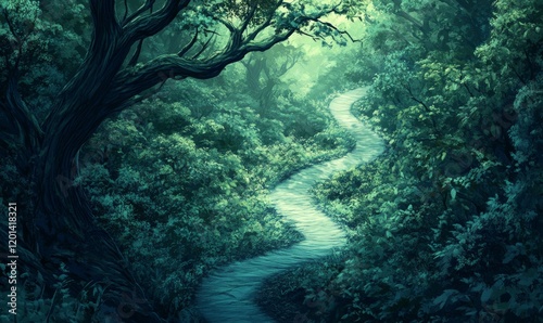 A narrow winding road through a dense thicket of branches and foliage, winding road, shaded