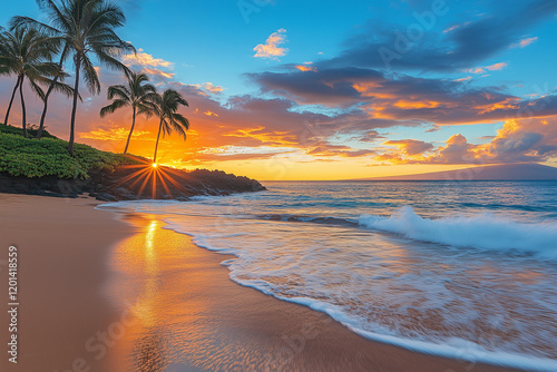Beautiful sandy tropical beach at sunset