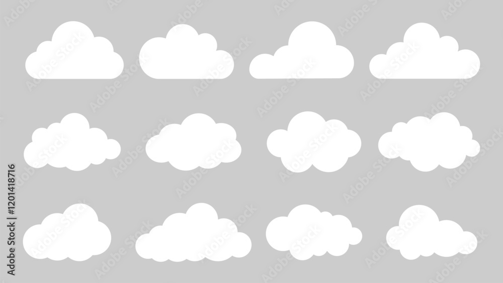 Set white cloud icons on a gray background. Cloud shapes vary in size and form. Perfect for weather, sky, or nature themes. Cloud icons for design use. Weather illustration, vector set. Set white cloud icons on a gray background. Cloud shapes vary in size and form. Perfect for weather, sky, or nature themes. Cloud icons for design use. Weather illustration, vector set.