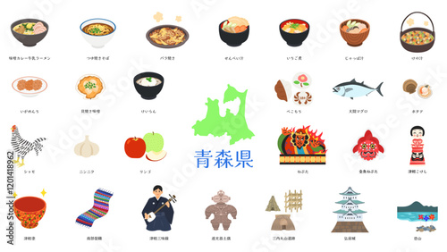 青森県の名物や特産品のイラスト。フラットなベクターイラストセット。 Illustrations of Aomori's specialties and local products. Flat vector illustration set.	