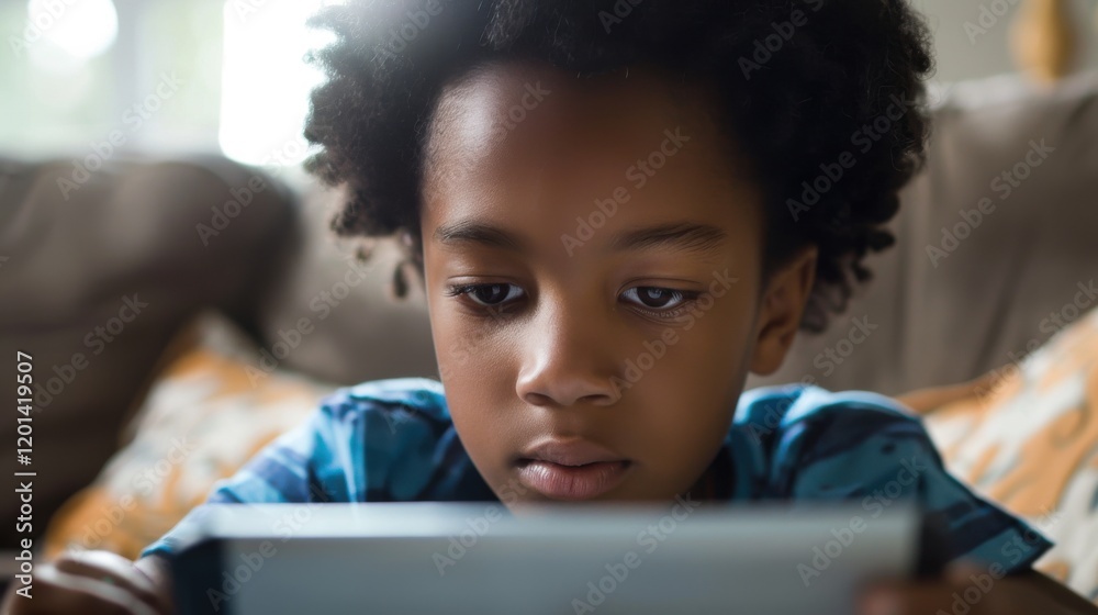 Focused African Boy Using Tablet Device at Home Focused African Boy Using Tablet Device at Home