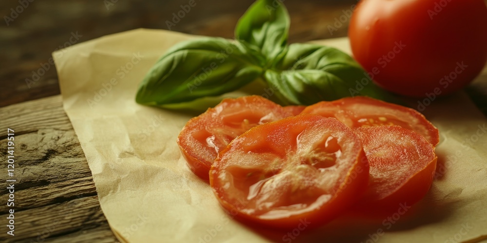 Chopped tomatoes paired with fresh basil leaf displayed alongside blank paper create a vibrant and appealing composition, perfect for showcasing the delightful essence of these ingredients. Chopped tomatoes paired with fresh basil leaf displayed alongside blank paper create a vibrant and appealing composition, perfect for showcasing the delightful essence of these ingredients.