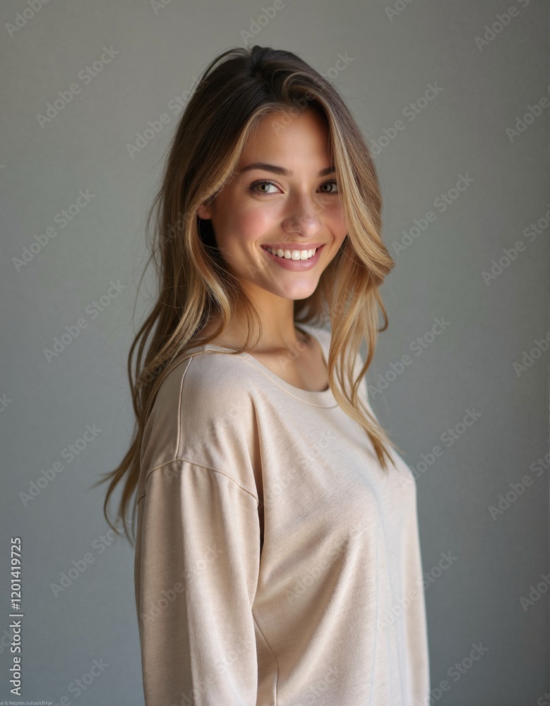 A cheerful young woman smiles confidently at the camera, showcasing her natural beauty against a soft grey backdrop with casual clothing style, perfect for lifestyle imagery. A cheerful young woman smiles confidently at the camera, showcasing her natural beauty against a soft grey backdrop with casual clothing style, perfect for lifestyle imagery.