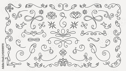 Vector set. Elegant decorative dividers with swirls and curls. Swirls and curls in various styles. Perfect for elegant design, these dividers add a decorative touch. Hand drawn ornament vector set.