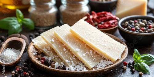 Parmesan cheese slices accompanied by an array of spices presented on a kitchen table create a delightful culinary scene featuring parmesan cheese and its savory companions. photo