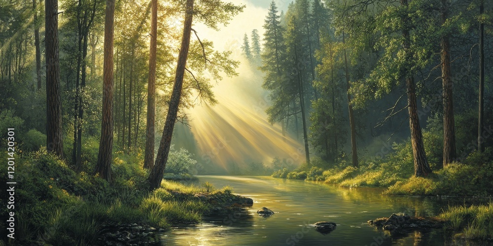 Obraz premium Scenic landscape in the morning showcases the beauty of nature within a lush forest, capturing the essence of a tranquil forest landscape at dawn. Enjoy the peacefulness of this stunning landscape.