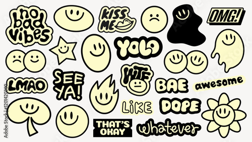 Collection of playful stickers with phrases like 'YOLO', 'OMG', 'no bad vibes', and smiley faces Fun, expressive, and vibrant designs for creative use Funky stickers, vector set photo