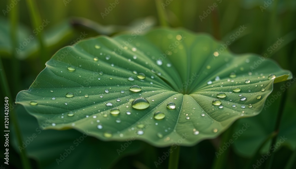Lotus leaf with water droplets in soft sunlight Lotus leaf with water droplets in soft sunlight
