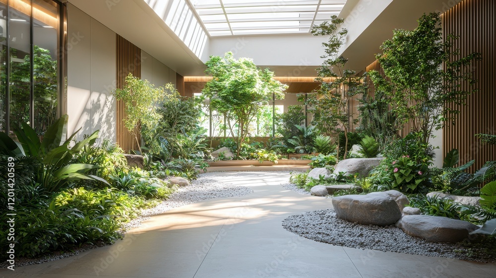 Obraz premium Indoor Courtyard Garden With Trees and Boulders Under Skylight