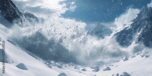 Winter snow avalanche in the mountains showcases the powerful nature of snow. This stunning snow avalanche captures the breathtaking force of snow in a mountainous landscape during winter.