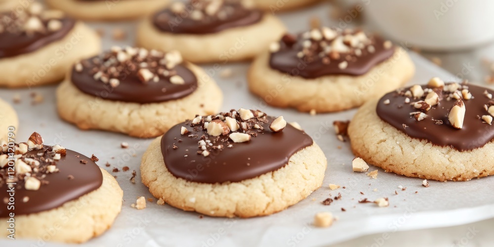 Creating delicious cutout sugar cookies, partially dipped in chocolate and sprinkled with hazelnut pieces, resting on parchment paper, showcases the delightful play of sugar cookie flavors.