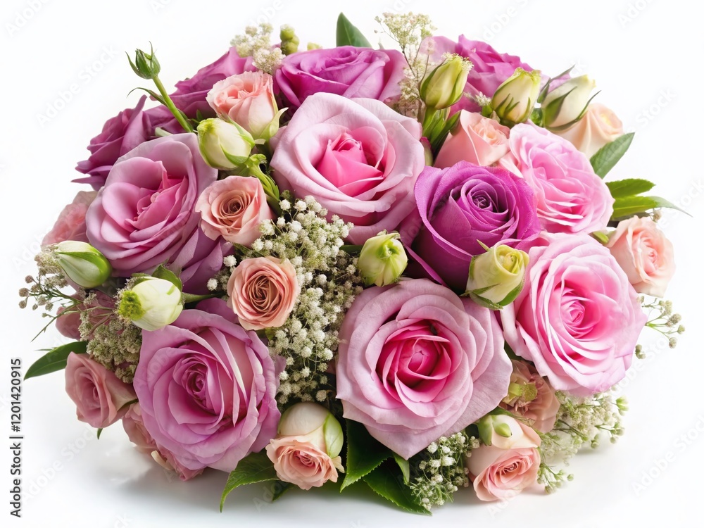 Pink Roses, Eustoma & Gypsophila Bouquet - Elegant Floral Arrangement on White Pink Roses, Eustoma & Gypsophila Bouquet - Elegant Floral Arrangement on White