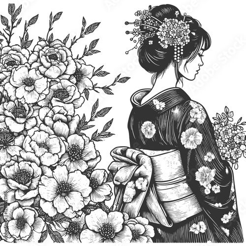 geisha in traditional kimono, surrounded by detailed blooming flowers and foliage sketch engraving generative ai fictional character vector illustration. Scratch board imitation. Black and white image