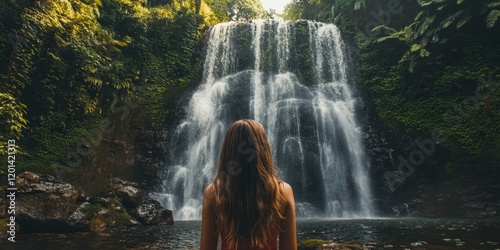 Fototapeta Naklejka Na Ścianę i Meble -  A girl stands in front of a stunning waterfall, capturing the essence of nature s beauty. This waterfall makes for a perfect backdrop, showcasing the allure of natural landscapes.