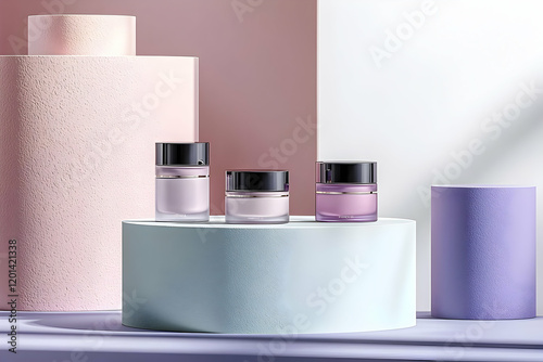 A cylindrical abstract platform with smooth pastel colors, perfect for showcasing high-end cosmetic products in a minimalistic studio setting.