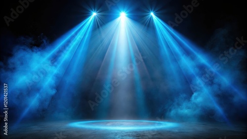 Fog and haze enhancing spotlight beams and blue neon light on a black background, fog, haze, spotlight, beams, blue
