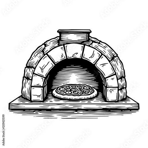 Pizza oven engraving black and white outline. Scratch board imitation.
