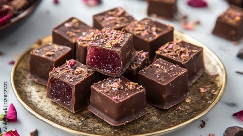 Delicious chocolate covered confectionery featuring a rosewater flavored jelly center, this Turkish delight offers a unique treat that combines rich chocolate with a delightful jelly experience. photo