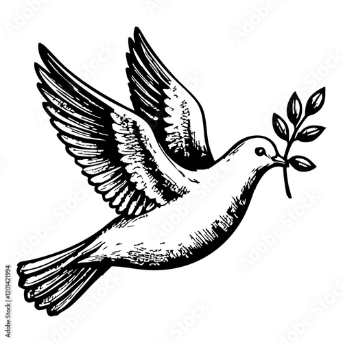 dove flying engraving black and white outline. Scratch board imitation.
