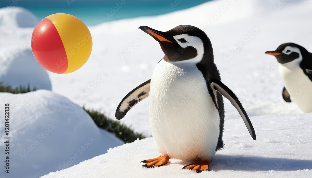 Fototapeta premium A close-up of a penguin with a bright red and yellow beach ball on pristine snow, blending arctic wilderness with playful energy