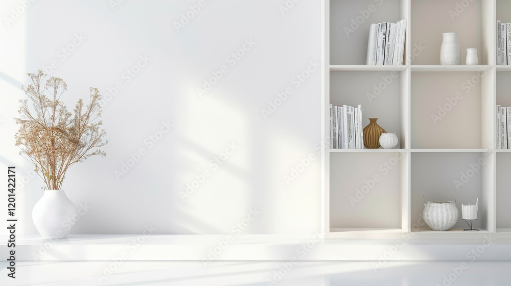 Fototapeta premium Minimalist White Room with Bookshelf, Dried Flowers and Sun Light