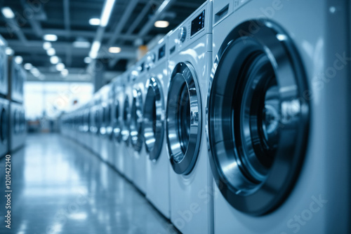 Empty appliance store interior with row of white washing machine, blue tint. Electronics retail showroom with display of household washer, selective focus product image. photo