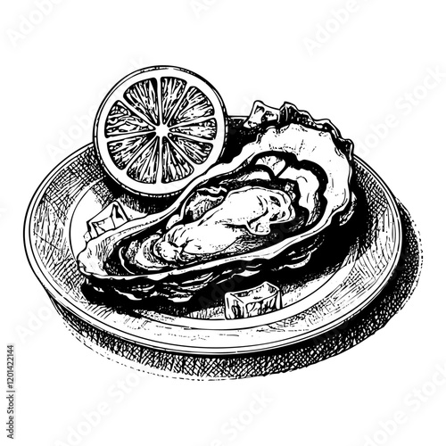 Oyster on plate engraving black and white outline. Scratch board imitation.
