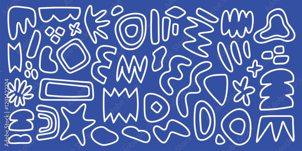 Fototapeta premium Abstract white line shapes on a blue background. Curved and zigzag lines create a dynamic pattern. Abstract shapes and lines in a vibrant blue setting. Funky shapes vector set.