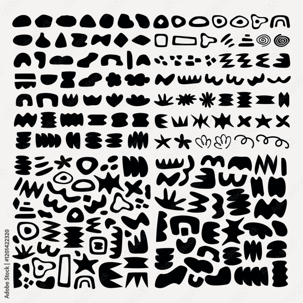 Abstract black shapes on white background. Various abstract shapes, patterns, and designs. Bold black shapes create unique abstract art. Artistic abstract shapes. Black and white vector set. Abstract black shapes on white background. Various abstract shapes, patterns, and designs. Bold black shapes create unique abstract art. Artistic abstract shapes. Black and white vector set.