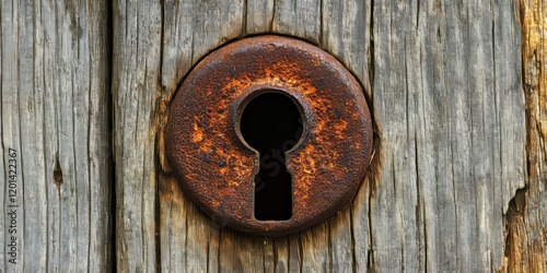 Weathered and worn, an old rusty keyhole contrasts against the grain of a wooden door, embodying a sense of history and mystery in its aged appearance, perfect for those intrigued by antique keyholes. photo