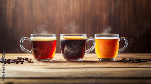 Three cups of coffee with steam on rustic wooden table showcasing specialty brews from a side angle photo