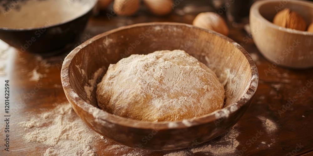 Kneading dough made from black walnut flour takes place on a wooden table, demonstrating the process of preparing the dough with this unique ingredient.