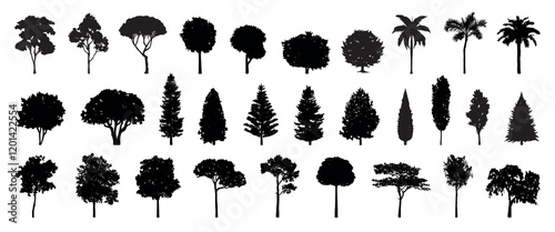 Silhouettes of various tree types, including palm, pine, and deciduous trees. Tree silhouettes in different shapes and sizes. Diverse tree silhouettes collection. Silhouette forest elements, vectors.