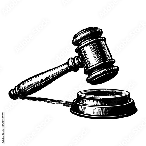 gavel engraving black and white outline. Scratch board imitation.  illustrated in vintage line art style on a white background.
