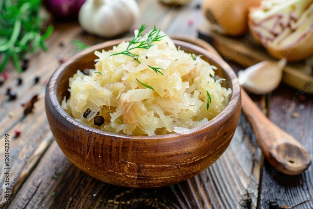 Sauerkraut garnished with fresh dill and spices sits in a wooden bowl, ready to be enjoyed Sauerkraut garnished with fresh dill and spices sits in a wooden bowl, ready to be enjoyed