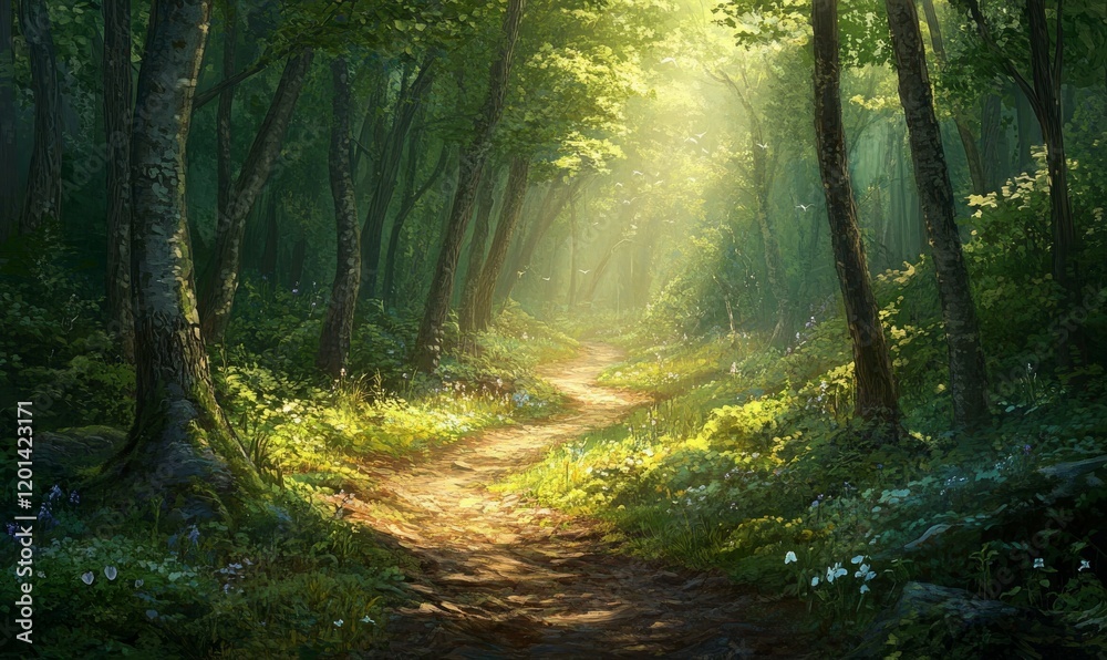Obraz premium A winding trail leading through a dense forest with dappled sunlight, trail, spring, dappled sunlight, wilderness, forest