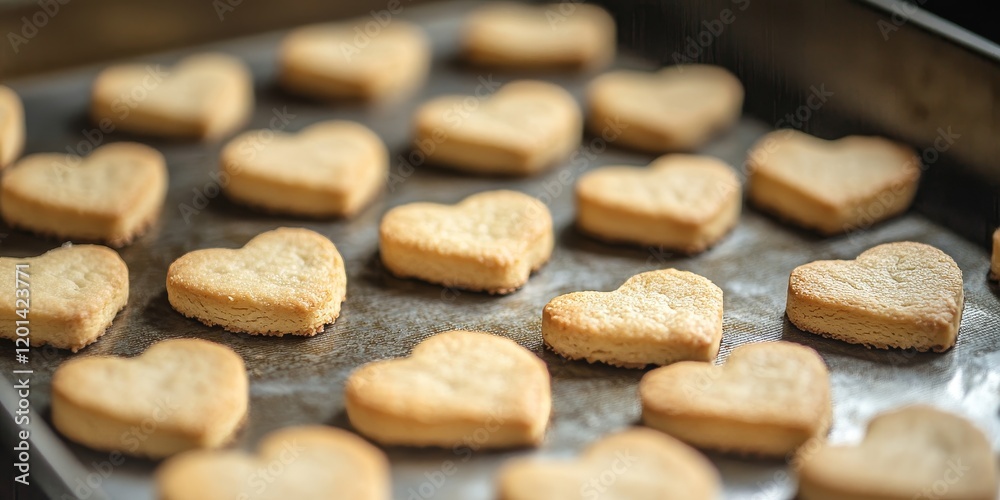 Uncooked heart shaped biscuits arranged on a baking tray, showcasing the delightful shapes and textures of these uncooked biscuits in a closeup view for a charming baking scene. Uncooked heart shaped biscuits arranged on a baking tray, showcasing the delightful shapes and textures of these uncooked biscuits in a closeup view for a charming baking scene.
