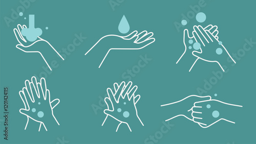 Illustration of handwashing steps. Six icons show hands washing with soap and water. Handwashing, soap, and water are key themes in this hygiene guide. Hygiene illustrations, vector set.